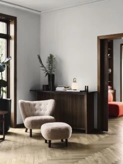 &Tradition Little Petra VB1 Armchair Sheepskin Moonlight/Walnut -ferm LIVING || MONTANA Shop atd retail 2020 little petra vb1 pouf atd1 lucca sc51 glass vase sc38 develius ev1 planter sc45 drop leaf hm5 p